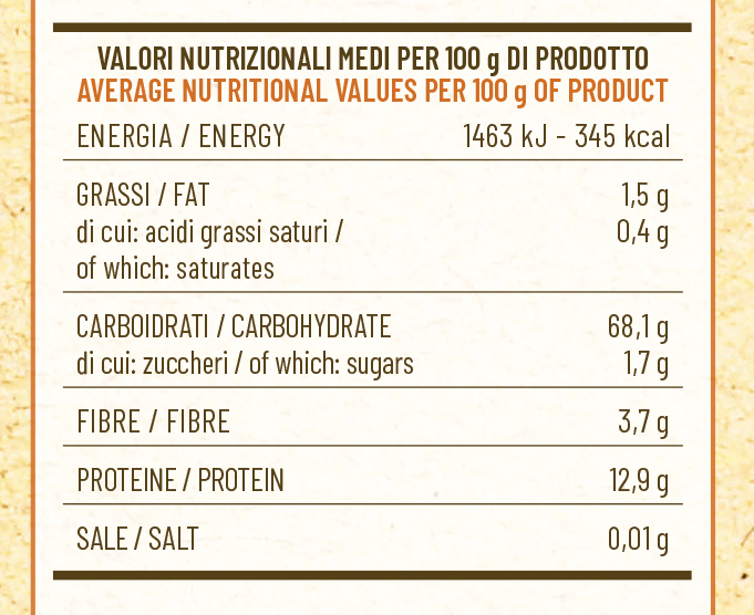 Average nutritional Italian ancient grain flour